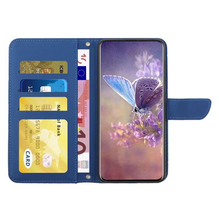 Butterfly Flowers Imprinting Fingerprint Free PU Leather Phone Shell for Google Pixel 6a, Pattern Imprinting Design Wallet Stand Case with Handy Strap - Blue