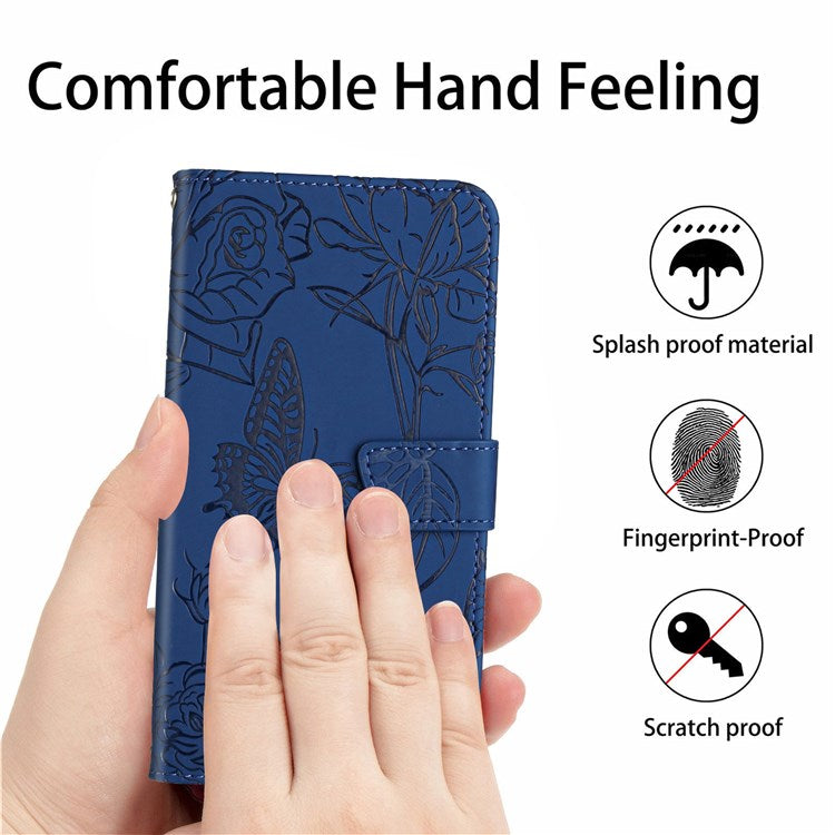 Butterfly Flowers Imprinting Fingerprint Free PU Leather Phone Shell for Google Pixel 6a, Pattern Imprinting Design Wallet Stand Case with Handy Strap - Blue