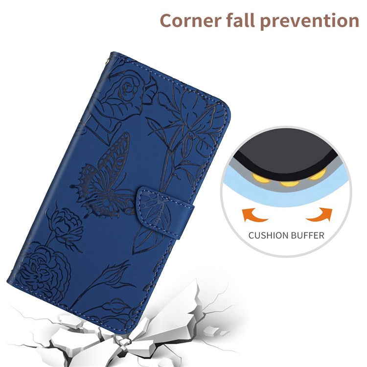 Butterfly Flowers Imprinting Fingerprint Free PU Leather Phone Shell for Google Pixel 6a, Pattern Imprinting Design Wallet Stand Case with Handy Strap - Blue