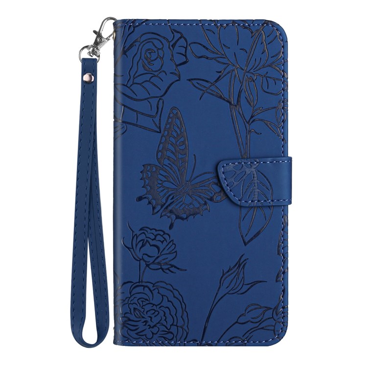 Butterfly Flowers Imprinting Fingerprint Free PU Leather Phone Shell for Google Pixel 6a, Pattern Imprinting Design Wallet Stand Case with Handy Strap - Blue