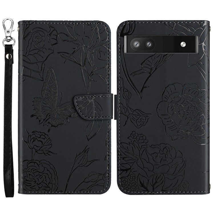 Butterfly Flowers Imprinting Fingerprint Free PU Leather Phone Shell for Google Pixel 6a, Pattern Imprinting Design Wallet Stand Case with Handy Strap - Black