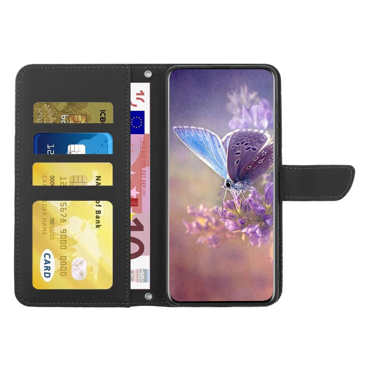 Butterfly Flowers Imprinting Fingerprint Free PU Leather Phone Shell for Google Pixel 6a, Pattern Imprinting Design Wallet Stand Case with Handy Strap - Black