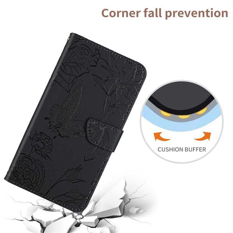 Butterfly Flowers Imprinting Fingerprint Free PU Leather Phone Shell for Google Pixel 6a, Pattern Imprinting Design Wallet Stand Case with Handy Strap - Black