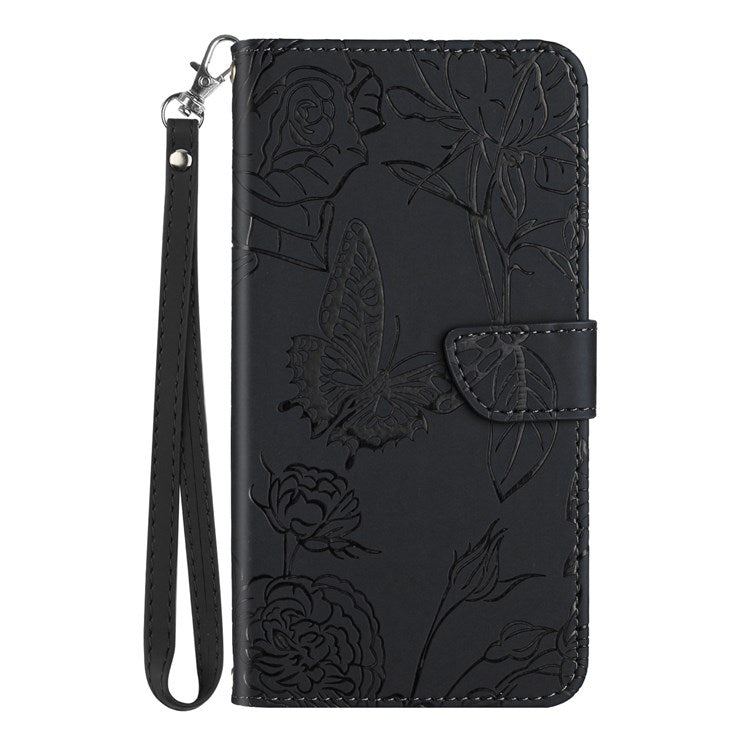 Butterfly Flowers Imprinting Fingerprint Free PU Leather Phone Shell for Google Pixel 6a, Pattern Imprinting Design Wallet Stand Case with Handy Strap - Black