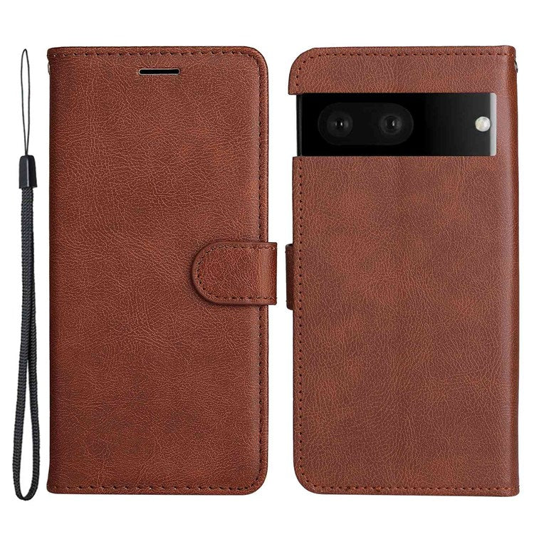 KT Leather Series-2 for Google Pixel 7 Phone Flip Cover PU Leather Dustproof Wallet Design Stand Soft Inner TPU Protective Flip Phone Case with Strap - Brown