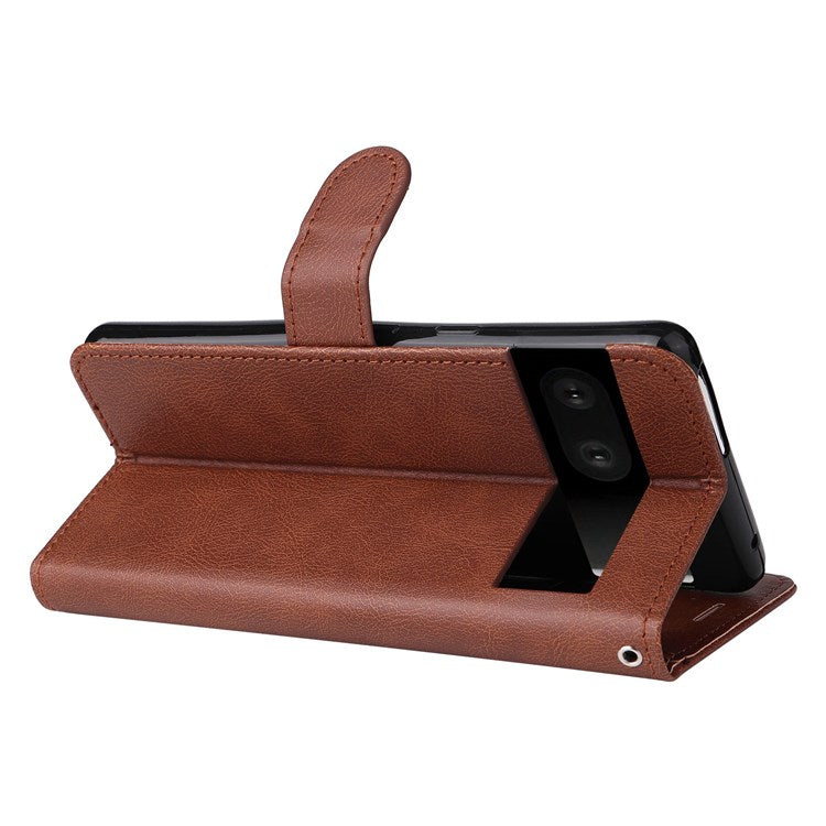 KT Leather Series-2 for Google Pixel 7 Phone Flip Cover PU Leather Dustproof Wallet Design Stand Soft Inner TPU Protective Flip Phone Case with Strap - Brown