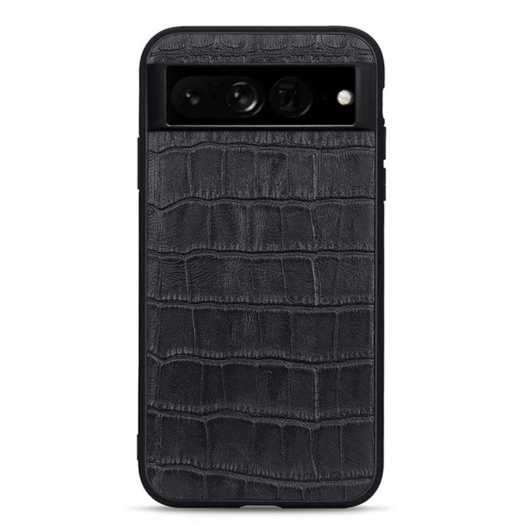 For Google Pixel 7 Pro 5G Phone Case Crocodile Texture Genuine Leather Coated Hybrid Protector - Black