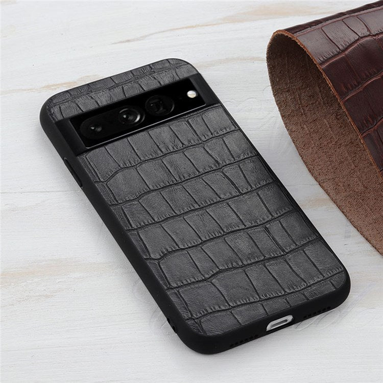 For Google Pixel 7 Pro 5G Phone Case Crocodile Texture Genuine Leather Coated Hybrid Protector - Black