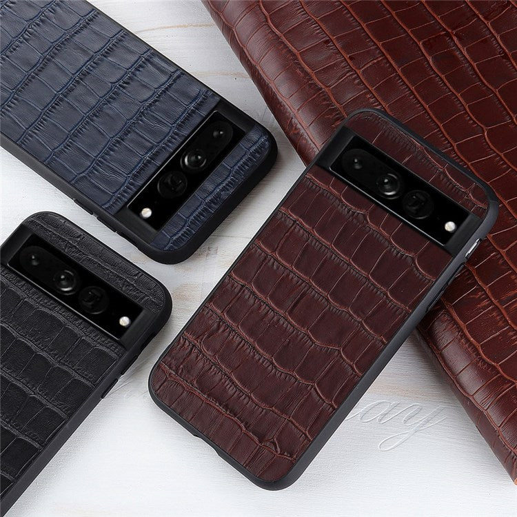 For Google Pixel 7 Pro 5G Phone Case Crocodile Texture Genuine Leather Coated Hybrid Protector - Black