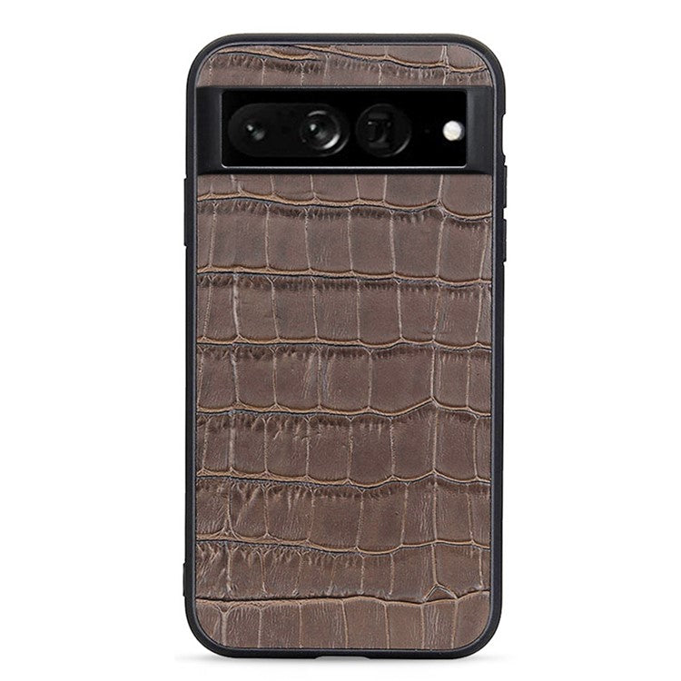 For Google Pixel 7 Pro 5G Phone Case Crocodile Texture Genuine Leather Coated Hybrid Protector - Brown