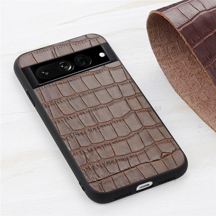 For Google Pixel 7 Pro 5G Phone Case Crocodile Texture Genuine Leather Coated Hybrid Protector - Brown