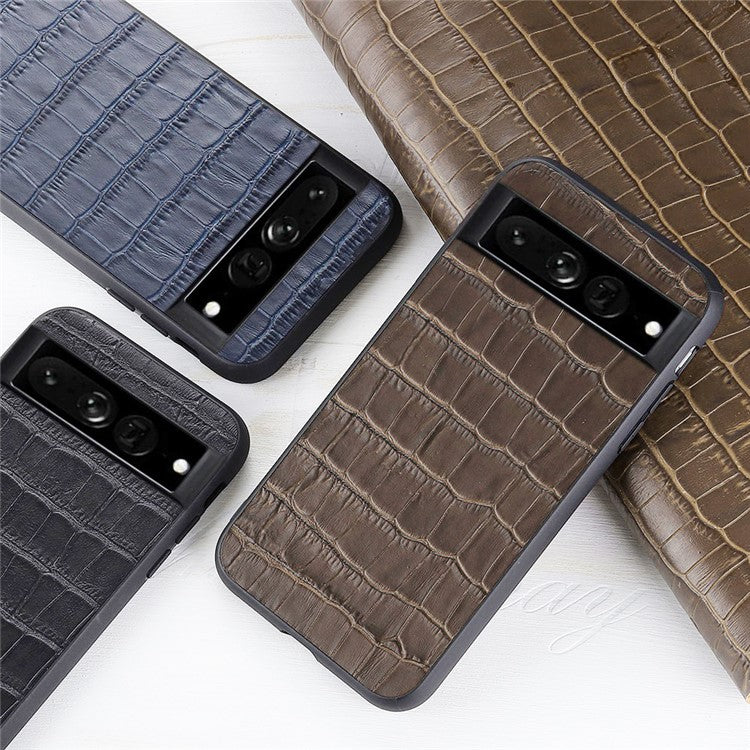 For Google Pixel 7 Pro 5G Phone Case Crocodile Texture Genuine Leather Coated Hybrid Protector - Brown