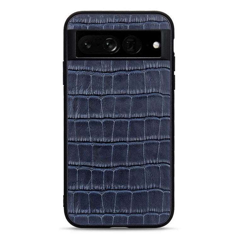 For Google Pixel 7 Pro 5G Phone Case Crocodile Texture Genuine Leather Coated Hybrid Protector - Blue