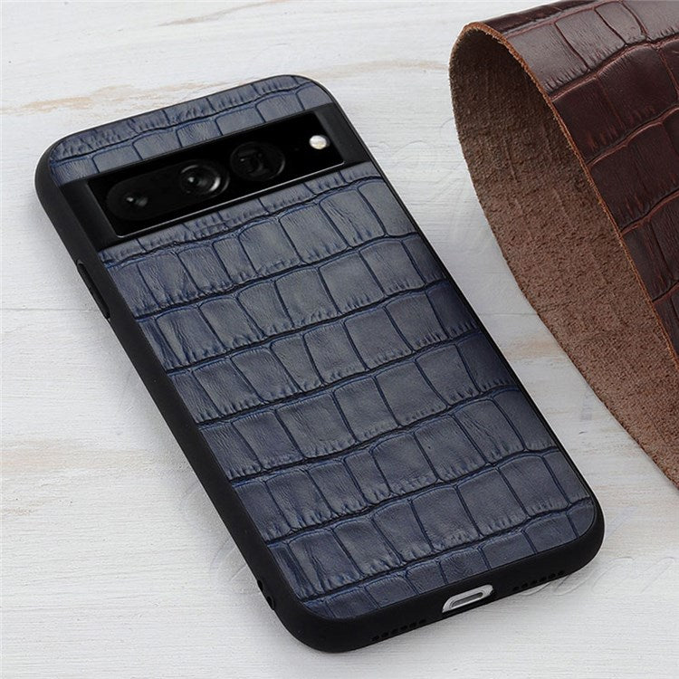 For Google Pixel 7 Pro 5G Phone Case Crocodile Texture Genuine Leather Coated Hybrid Protector - Blue