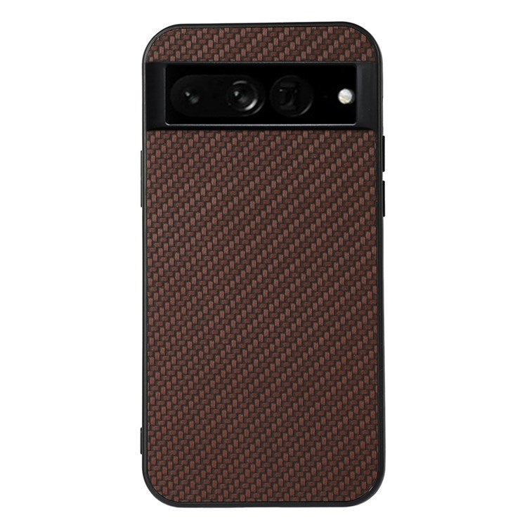 For Google Pixel 7 Pro 5G Shockproof Carbon Fiber PU Leather Coated Hybrid Mobile Phone Case Cover - Brown