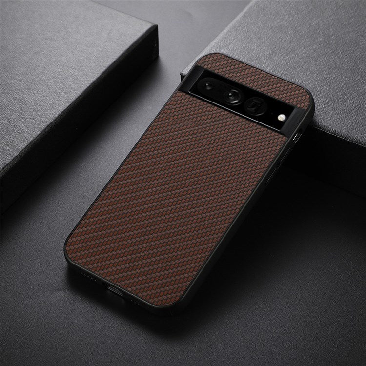 For Google Pixel 7 Pro 5G Shockproof Carbon Fiber PU Leather Coated Hybrid Mobile Phone Case Cover - Brown