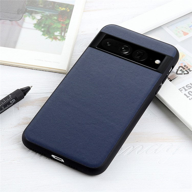 For Google Pixel 7 Pro 5G Ultra-slim Anti-scratch Textured Genuine Leather PC + TPU Hybrid Cell Phone Case Cover - Blue