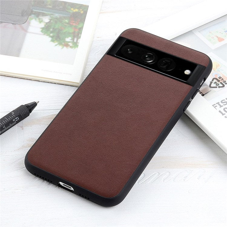 For Google Pixel 7 Pro 5G Ultra-slim Anti-scratch Textured Genuine Leather PC + TPU Hybrid Cell Phone Case Cover - Brown