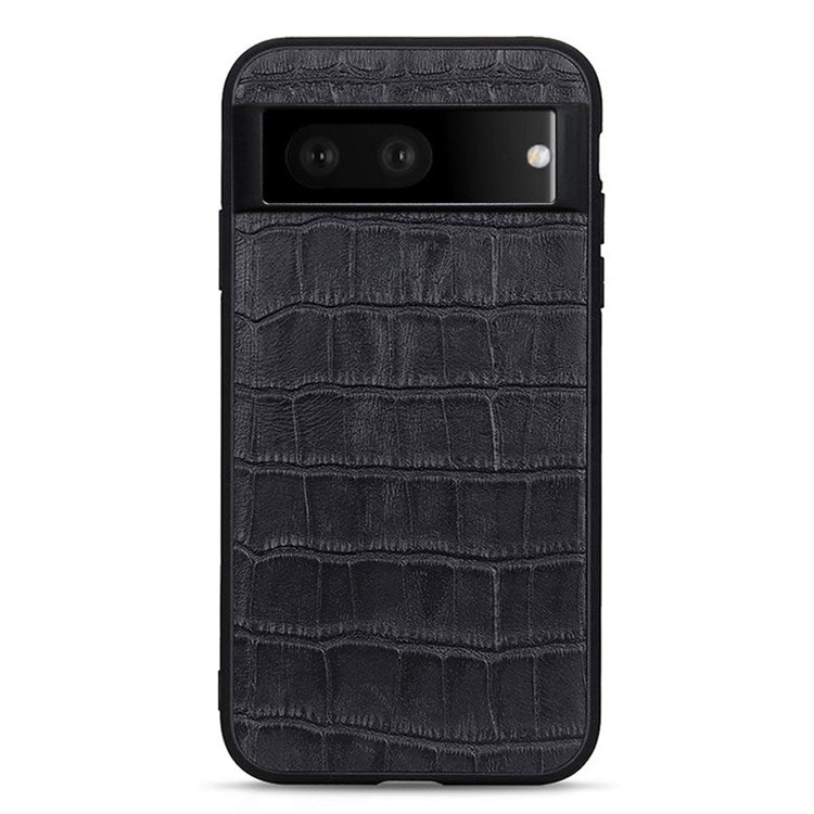 For Google Pixel 7 Anti-shock Cell Phone Case Crocodile Texture Genuine Leather Coated Hybrid Anti-scratch Cover - Black