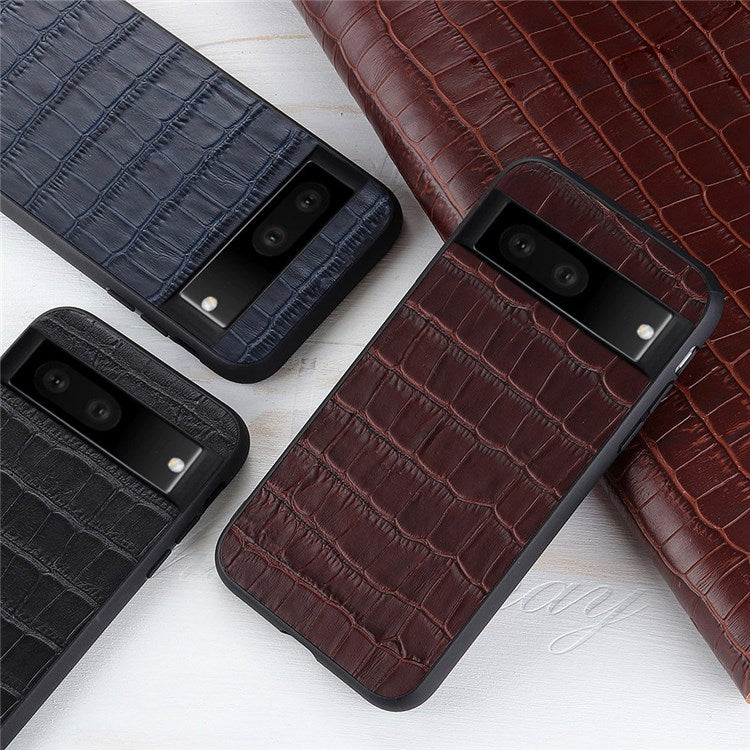 For Google Pixel 7 Anti-shock Cell Phone Case Crocodile Texture Genuine Leather Coated Hybrid Anti-scratch Cover - Black