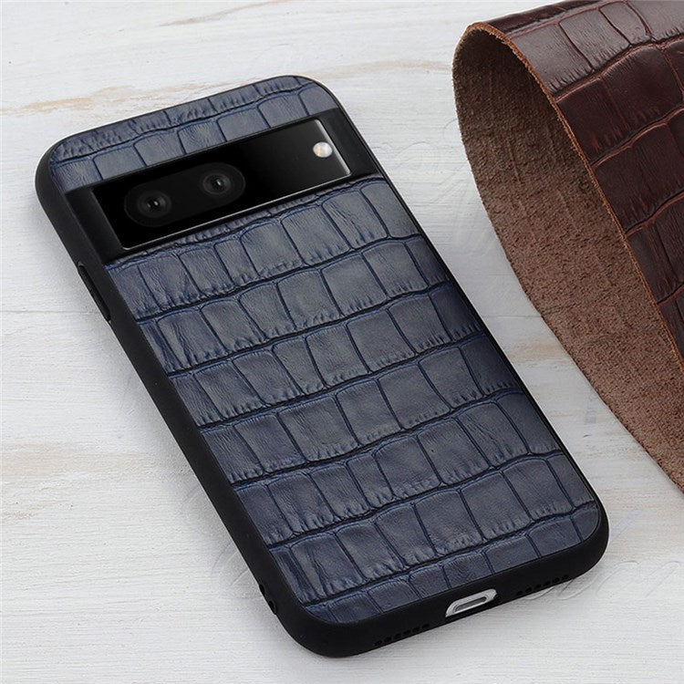 For Google Pixel 7 Anti-shock Cell Phone Case Crocodile Texture Genuine Leather Coated Hybrid Anti-scratch Cover - Blue