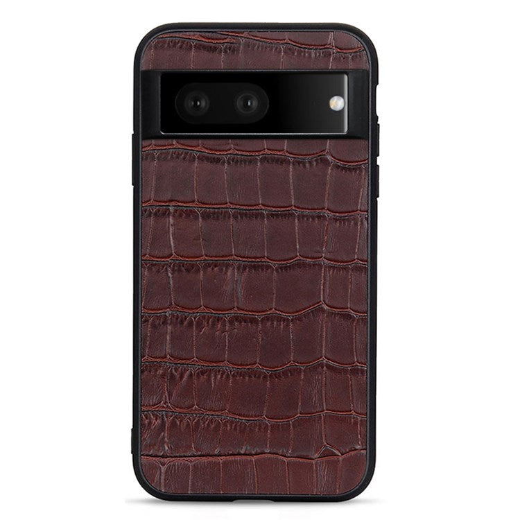 For Google Pixel 7 Anti-shock Cell Phone Case Crocodile Texture Genuine Leather Coated Hybrid Anti-scratch Cover - Brown