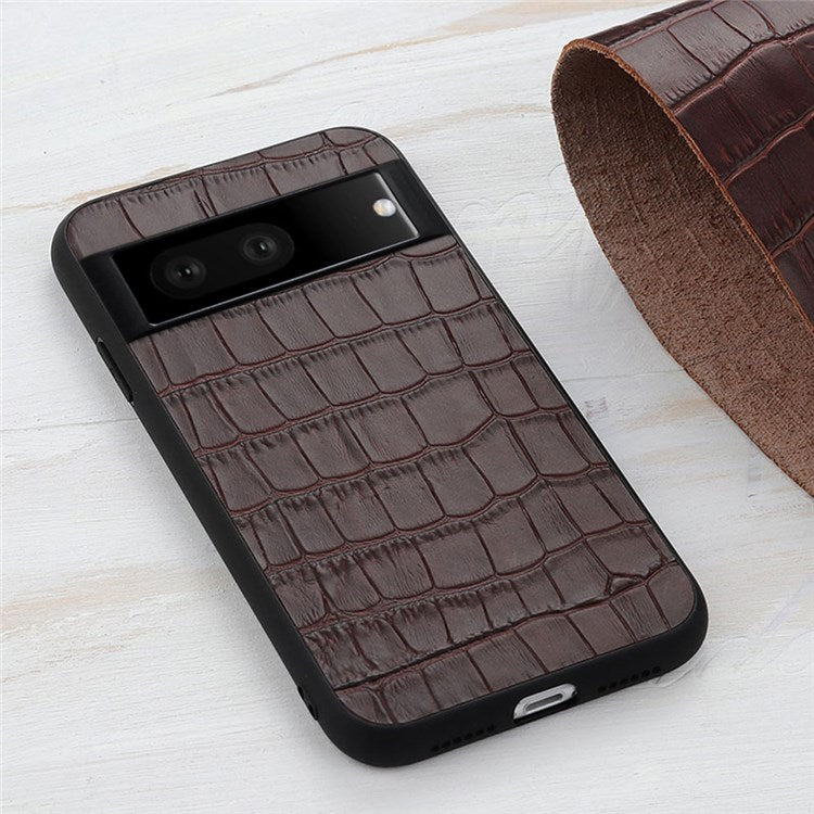 For Google Pixel 7 Anti-shock Cell Phone Case Crocodile Texture Genuine Leather Coated Hybrid Anti-scratch Cover - Brown