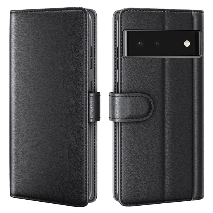 Split Leather Genuine Leather Case for Google Pixel 6, Wallet Stand Folio Flip Protective Cover - Black