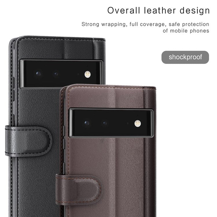 Split Leather Genuine Leather Case for Google Pixel 6, Wallet Stand Folio Flip Protective Cover - Black