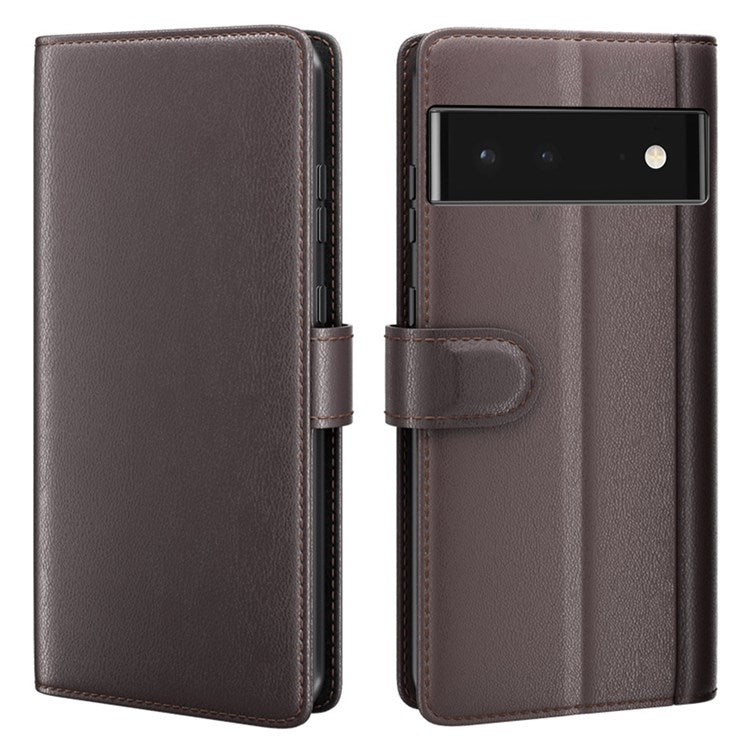 Split Leather Genuine Leather Case for Google Pixel 6, Wallet Stand Folio Flip Protective Cover - Brown