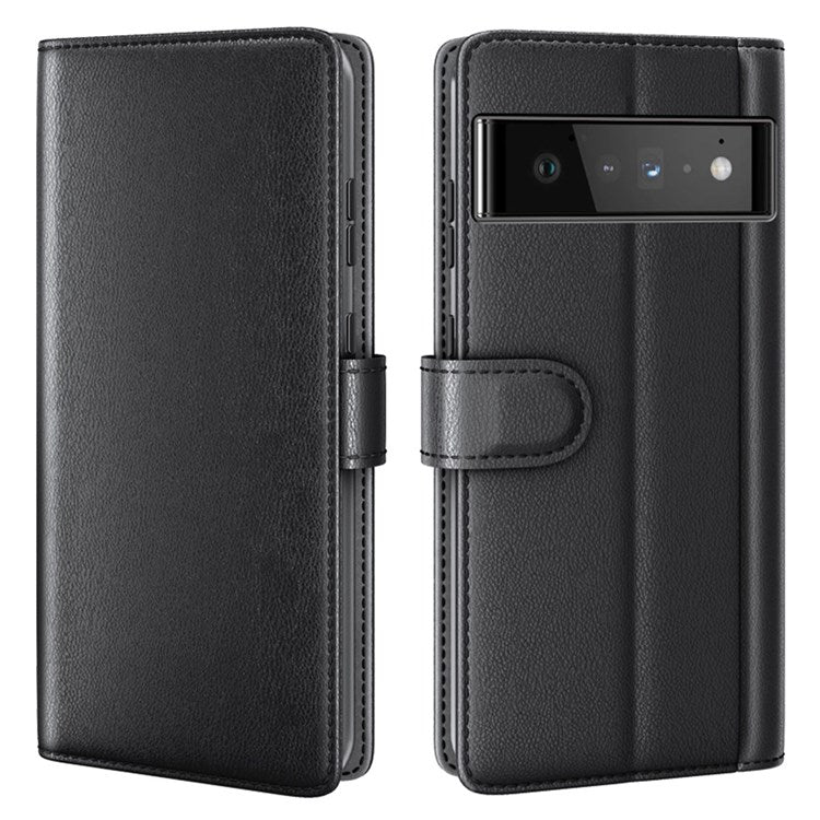 For Google Pixel 6 Pro Split Leather Genuine Leather Phone Case Stand Wallet Magnetic Clasp Cover - Black