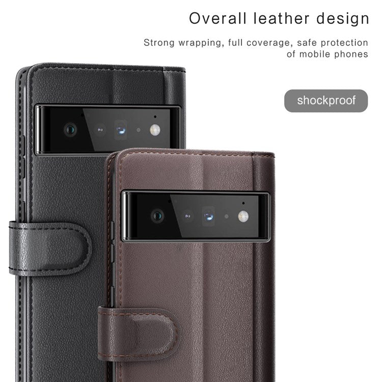 For Google Pixel 6 Pro Split Leather Genuine Leather Phone Case Stand Wallet Magnetic Clasp Cover - Black