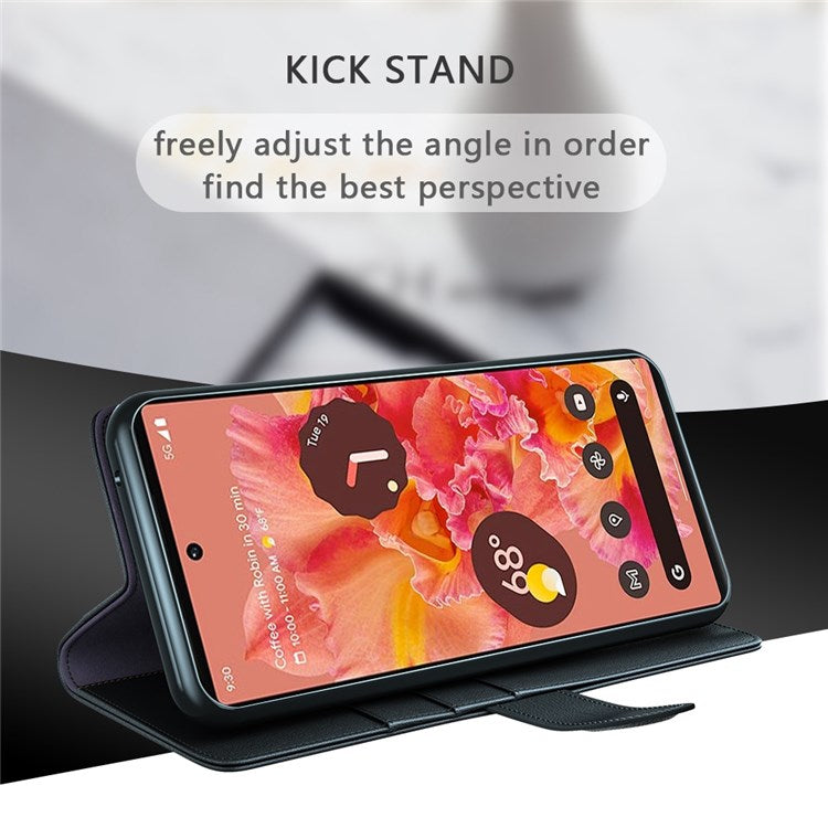 For Google Pixel 6 Pro Split Leather Genuine Leather Phone Case Stand Wallet Magnetic Clasp Cover - Black