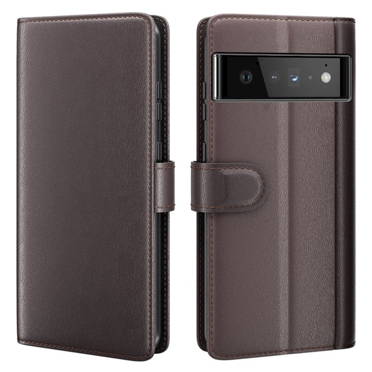 For Google Pixel 6 Pro Split Leather Genuine Leather Phone Case Stand Wallet Magnetic Clasp Cover - Brown