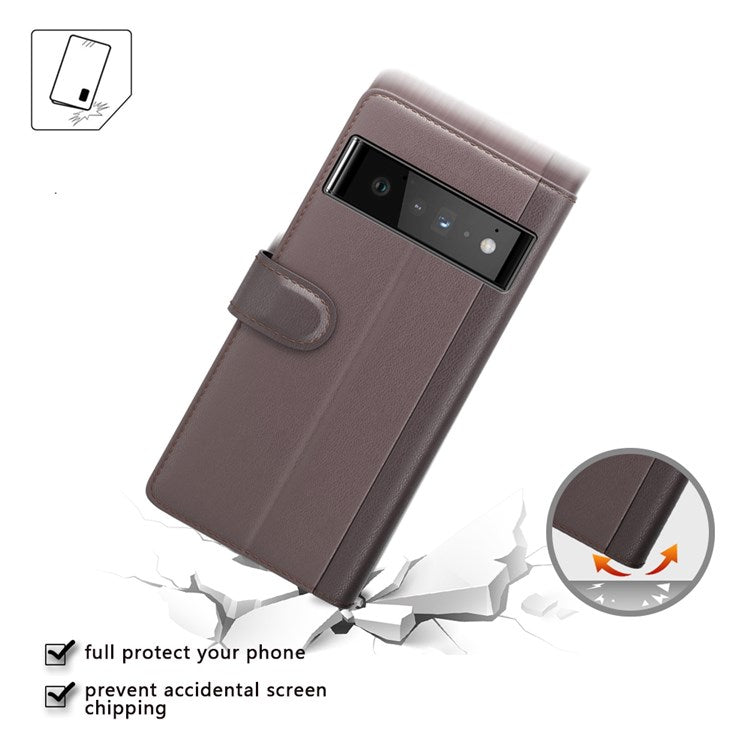 For Google Pixel 6 Pro Split Leather Genuine Leather Phone Case Stand Wallet Magnetic Clasp Cover - Brown