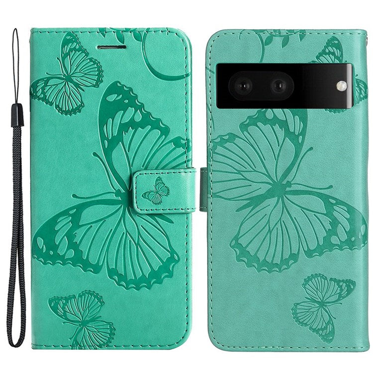 KT Imprinting Flower Series-2 Cell Phone Cover for Google Pixel 7, Anti-dust PU Leather Imprinted Butterfly Mobile Phone Case Wallet - Green