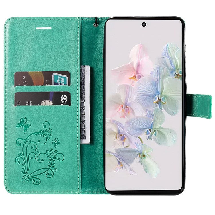 KT Imprinting Flower Series-2 Cell Phone Cover for Google Pixel 7, Anti-dust PU Leather Imprinted Butterfly Mobile Phone Case Wallet - Green