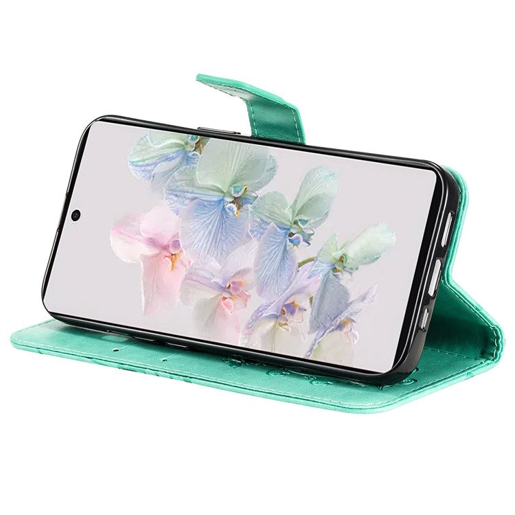 KT Imprinting Flower Series-2 Cell Phone Cover for Google Pixel 7, Anti-dust PU Leather Imprinted Butterfly Mobile Phone Case Wallet - Green