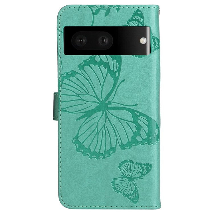 KT Imprinting Flower Series-2 Cell Phone Cover for Google Pixel 7, Anti-dust PU Leather Imprinted Butterfly Mobile Phone Case Wallet - Green