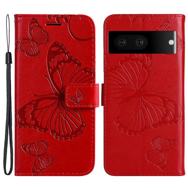 KT Imprinting Flower Series-2 Cell Phone Cover for Google Pixel 7, Anti-dust PU Leather Imprinted Butterfly Mobile Phone Case Wallet - Red