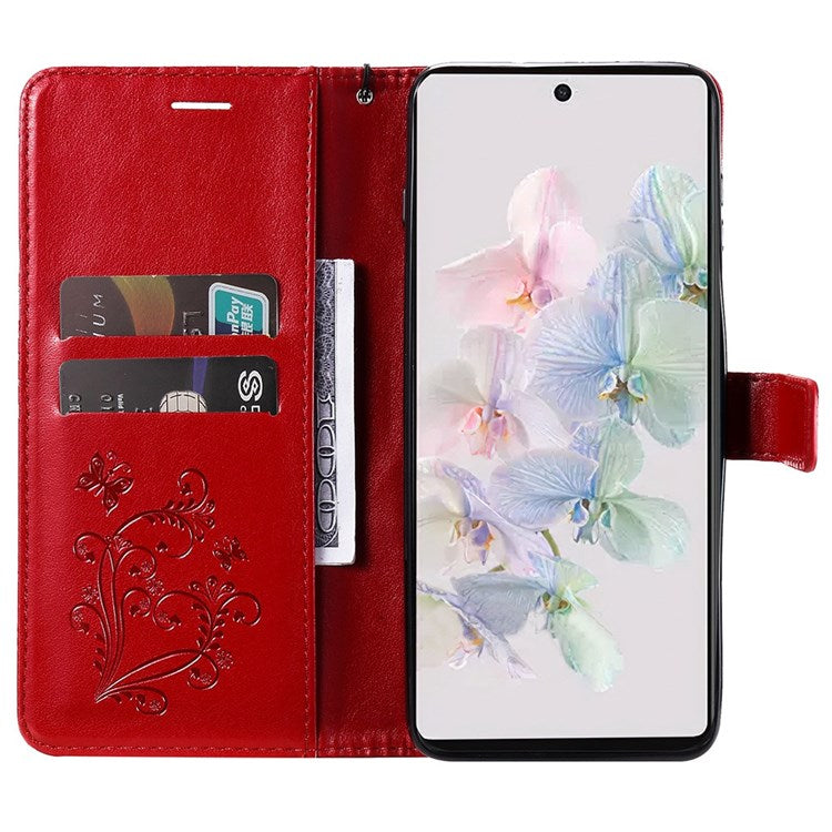 KT Imprinting Flower Series-2 Cell Phone Cover for Google Pixel 7, Anti-dust PU Leather Imprinted Butterfly Mobile Phone Case Wallet - Red