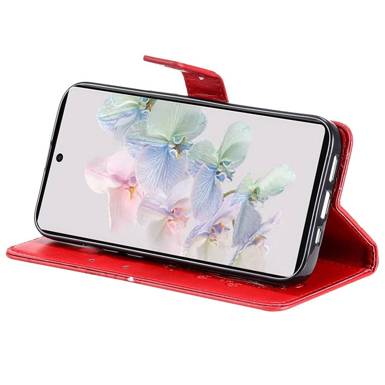 KT Imprinting Flower Series-2 Cell Phone Cover for Google Pixel 7, Anti-dust PU Leather Imprinted Butterfly Mobile Phone Case Wallet - Red