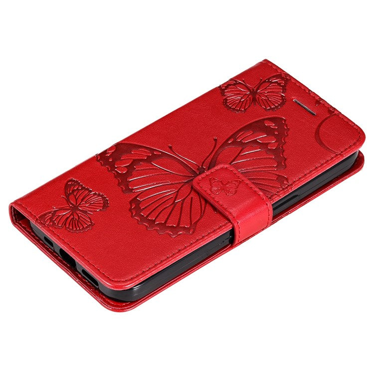 KT Imprinting Flower Series-2 Cell Phone Cover for Google Pixel 7, Anti-dust PU Leather Imprinted Butterfly Mobile Phone Case Wallet - Red