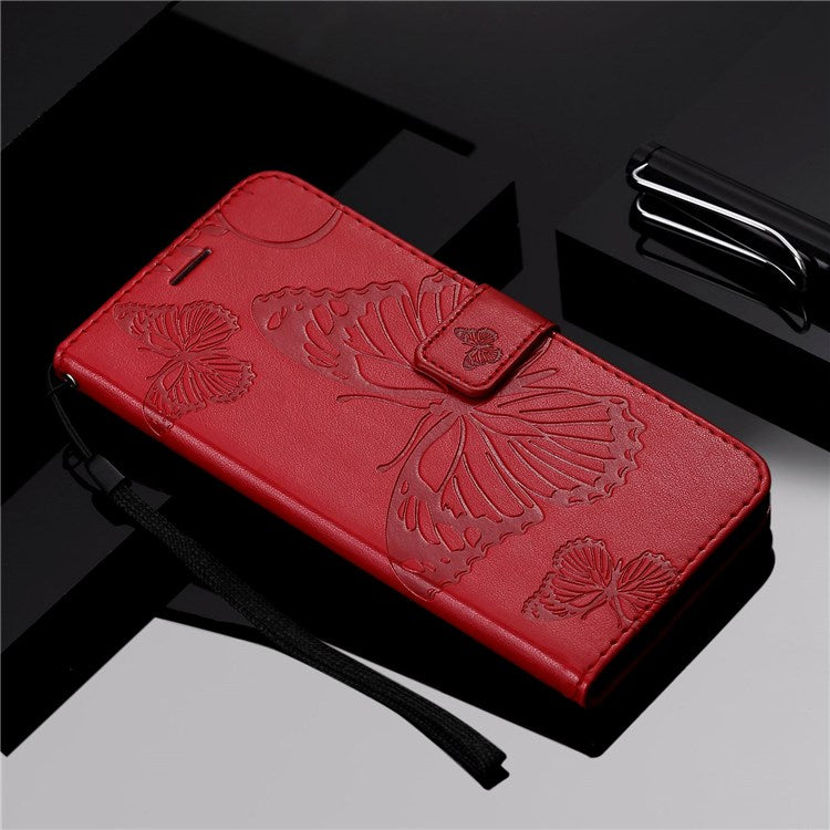 KT Imprinting Flower Series-2 Cell Phone Cover for Google Pixel 7, Anti-dust PU Leather Imprinted Butterfly Mobile Phone Case Wallet - Red