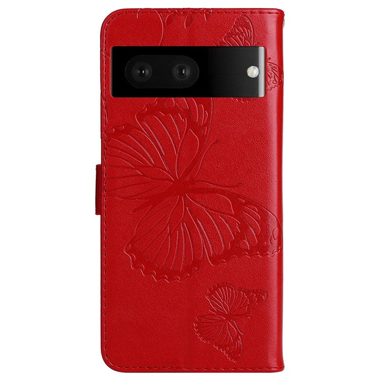 KT Imprinting Flower Series-2 Cell Phone Cover for Google Pixel 7, Anti-dust PU Leather Imprinted Butterfly Mobile Phone Case Wallet - Red