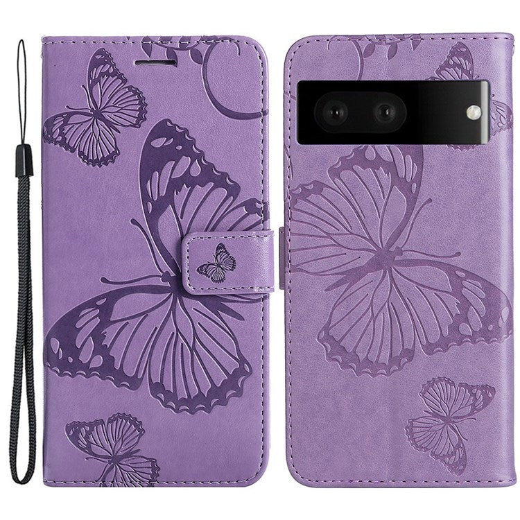 KT Imprinting Flower Series-2 Cell Phone Cover for Google Pixel 7, Anti-dust PU Leather Imprinted Butterfly Mobile Phone Case Wallet - Purple