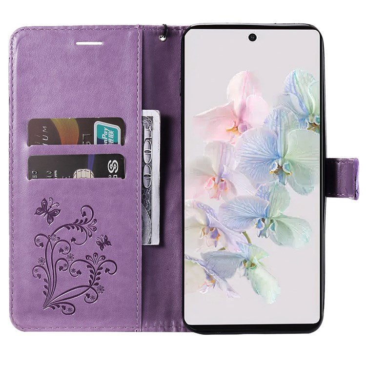 KT Imprinting Flower Series-2 Cell Phone Cover for Google Pixel 7, Anti-dust PU Leather Imprinted Butterfly Mobile Phone Case Wallet - Purple