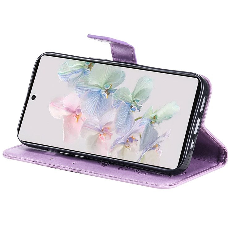 KT Imprinting Flower Series-2 Cell Phone Cover for Google Pixel 7, Anti-dust PU Leather Imprinted Butterfly Mobile Phone Case Wallet - Purple