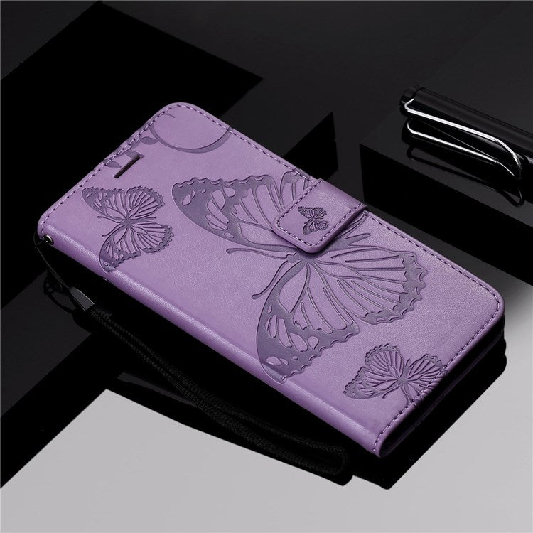 KT Imprinting Flower Series-2 Cell Phone Cover for Google Pixel 7, Anti-dust PU Leather Imprinted Butterfly Mobile Phone Case Wallet - Purple