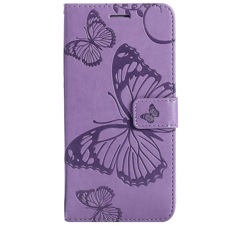 KT Imprinting Flower Series-2 Cell Phone Cover for Google Pixel 7, Anti-dust PU Leather Imprinted Butterfly Mobile Phone Case Wallet - Purple